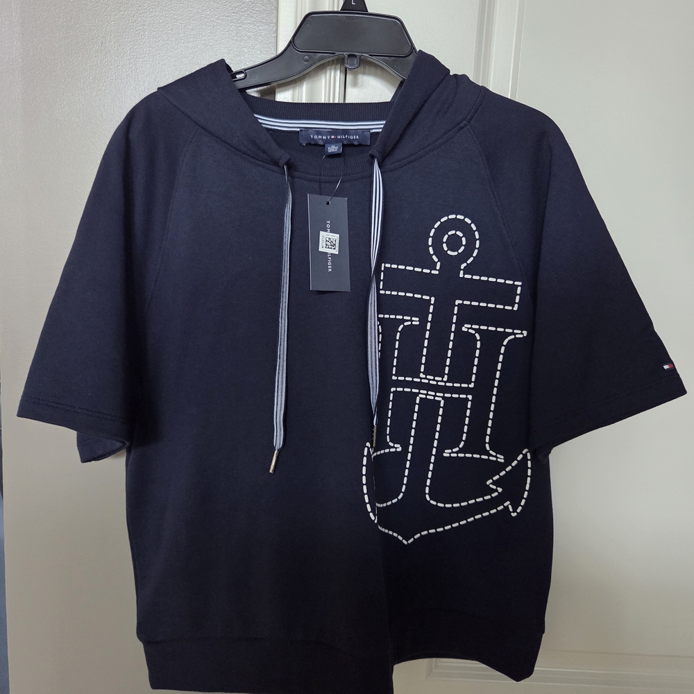 New! Tommy Hilfiger Navy Blue Short Sleeve Hoodie with White Anchor